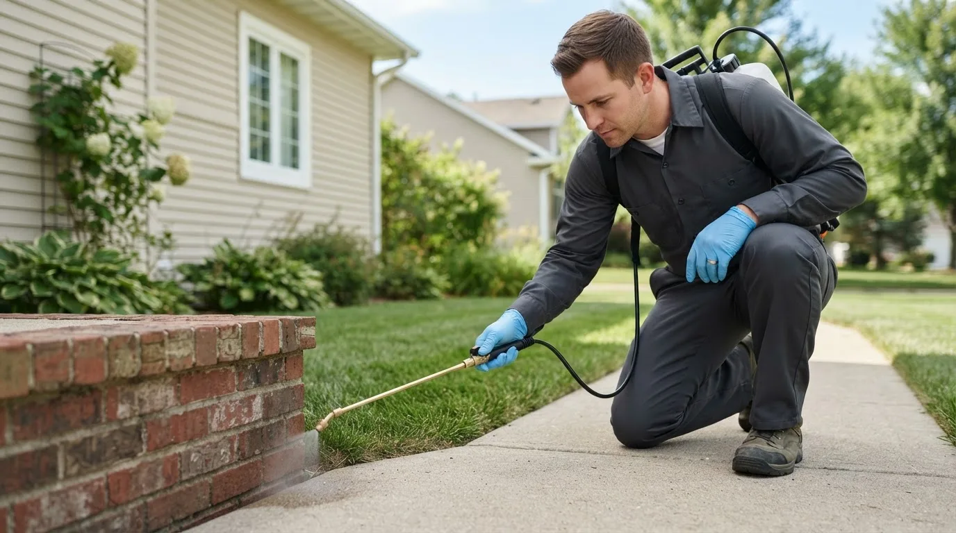 Pest control technician treating a home near New Concord, KY